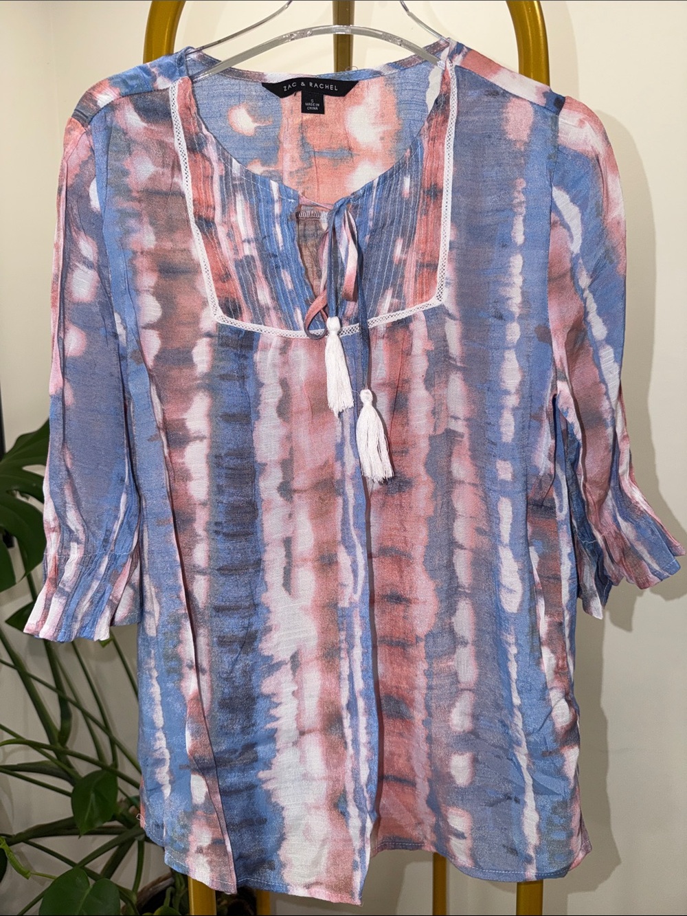 Zac & Rachel Blue and Pink Tie-Dye Tassel Peasant Tunic